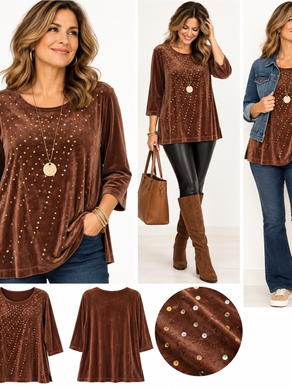 Quacker Factory Brown Velvet Studded Tunic Top